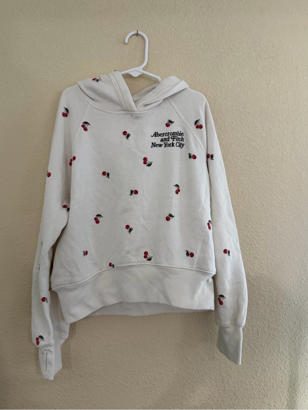 abercrombie kids Cream Hoodie with Red Cherry Embroidery
